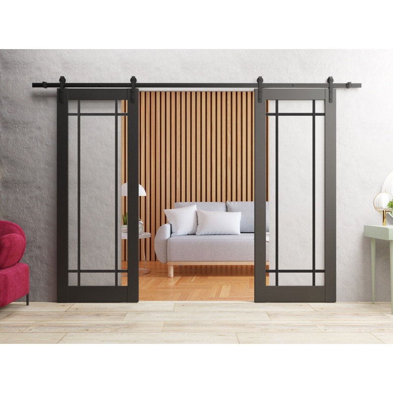 Porte de grange double robuste avec vitrage clair Lucia 2266, rails noirs mats de 4 m (13 pi), porte intérieure à panneaux pleins et lourds, 152 cm x 244 cm (60 po x 96 po) (2 x 76 cm x 96 po), rail noir, vitrage clair