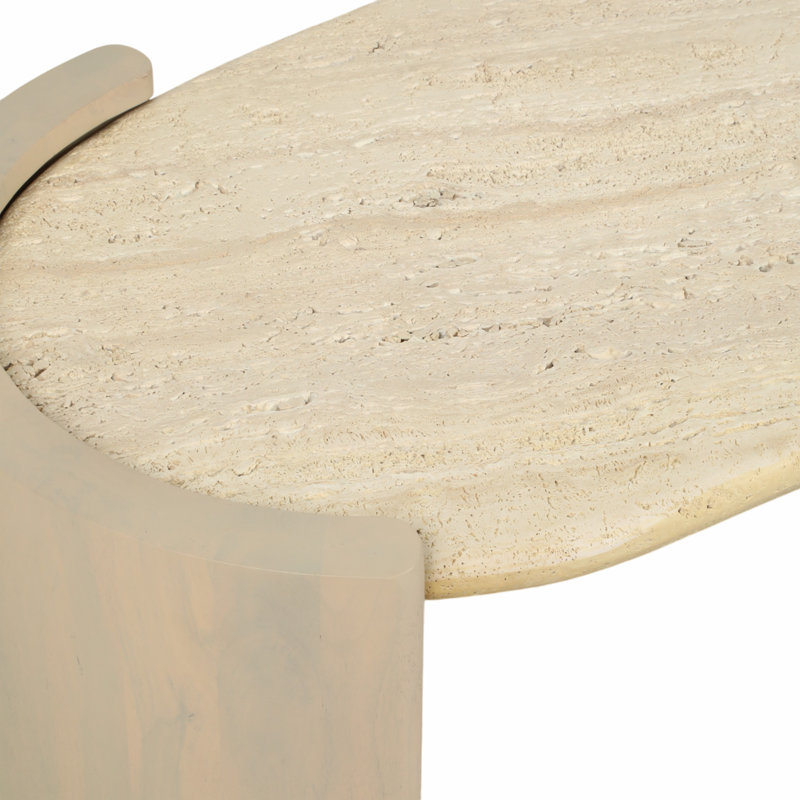 Coffee Table with Travertine Top and Light Wood Base, Living Room Table with Organic Modern Design, 57"