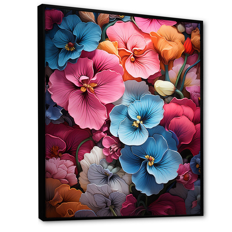 Neon fantaisie tropicale Pansys II, Cadre flottant noir, 32" H x 24" W