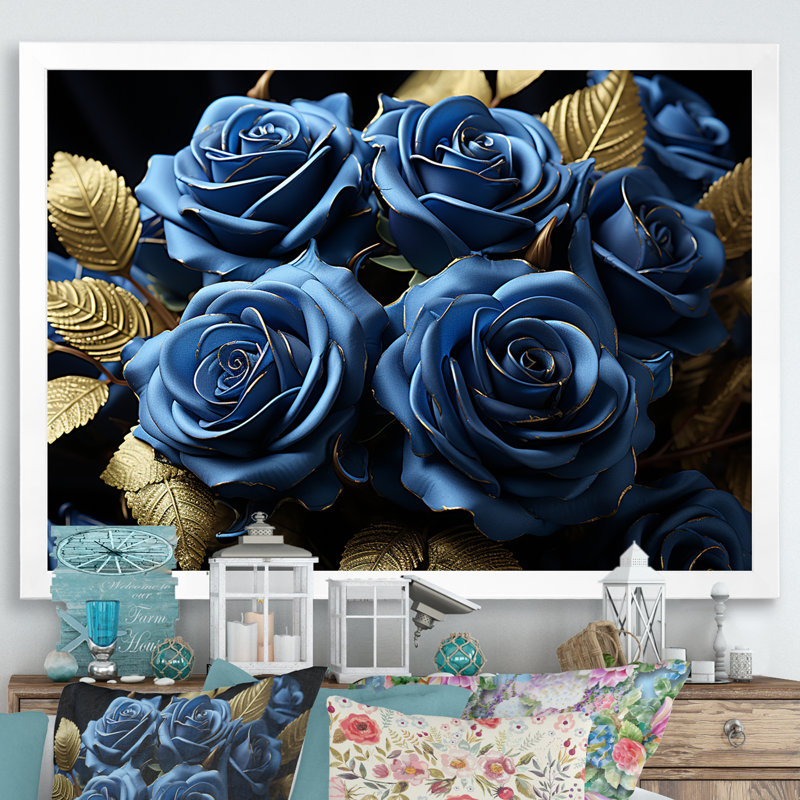 «Azure Blue Roses Arrangement Elegance II», reproduction sur toile, Cadre simple blanc, H 24 po x l 32 po x P 1 po