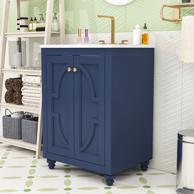 Élégant meuble-lavabo peu encombrant avec lavabo en céramique, tablette réglable et charnières à fermeture en douceur, Blue