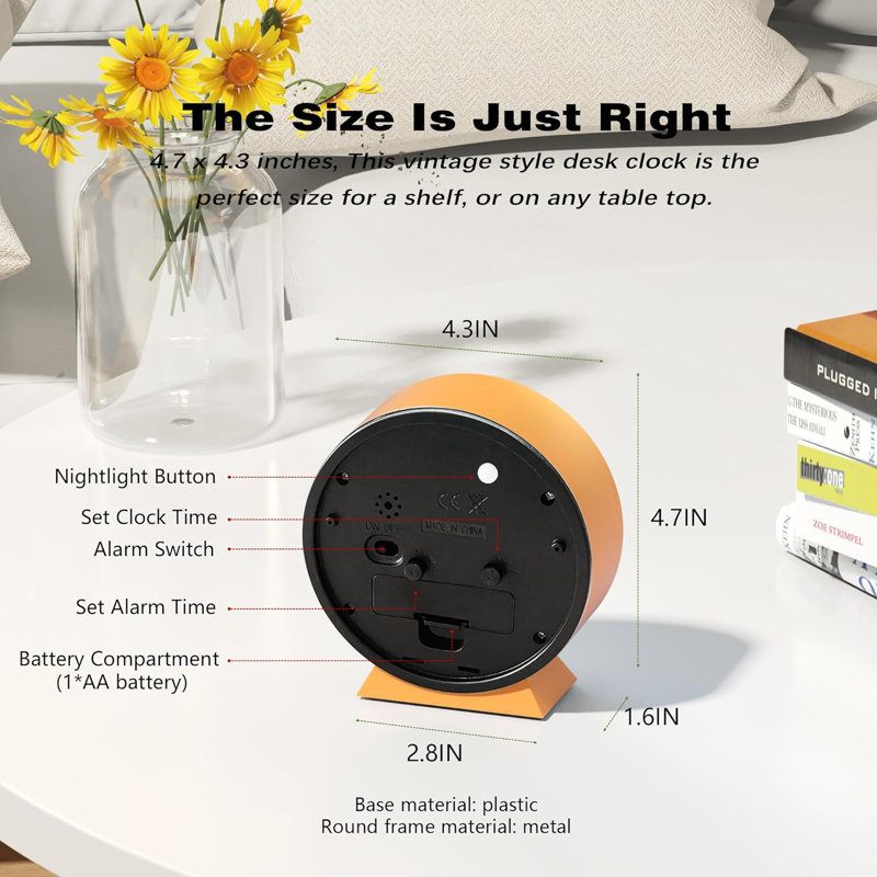 4.5" Analogue Alarm Clock,Small Retro Desk Clock Battery Operated,Slient Metal Table Clock With Light (Orange)