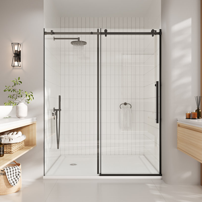 Frameless Sliding Glass Shower Door, 5/16" Clear Tempered Glass, Matte Black Frame for Walk-in Shower, Frameless Bypass Design with Smooth & Quiet Operation, 48in x 72 in