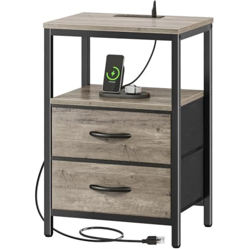 Nightstand With Charging Station, Fabric Drawers, End Table With Open Shelf, Bedside Table With USB Ports And Outlets, Night Stand For Bedroom, Oak