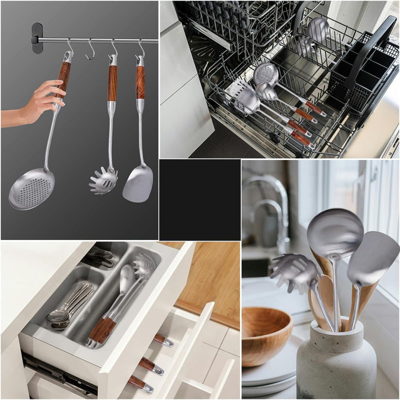 Ensemble d'ustensiles de cuisine 6 pièces en acier inoxydable avec poignées en bois - Outils de cuisson antiadhésifs et résistants à la chaleur pour une préparation des repas sécuritaire et sans effort