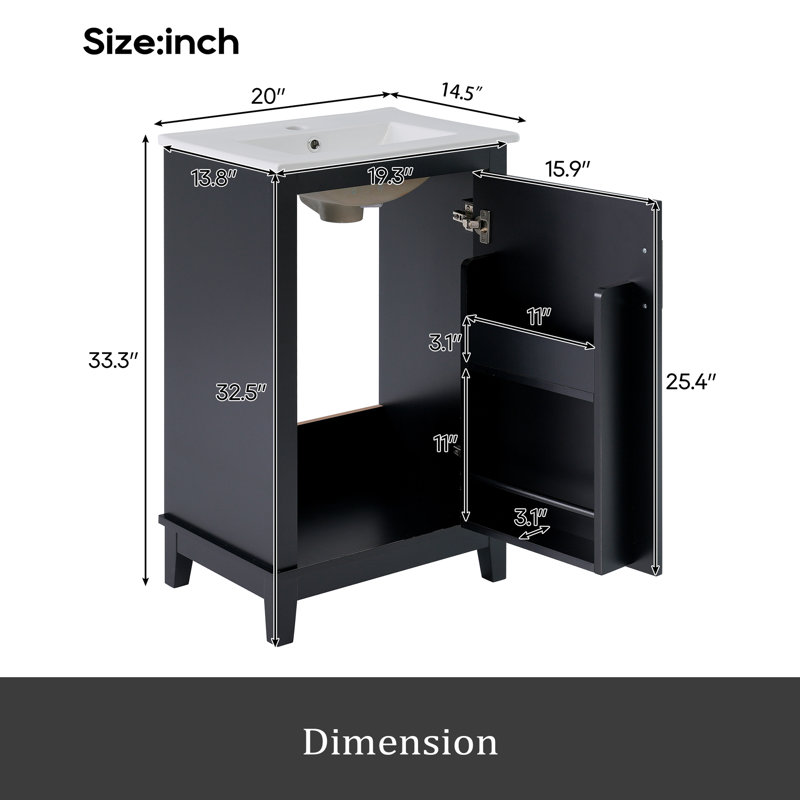 Petit meuble-lavabo moderne de 20 pouces avec lavabo en céramique - 20 * 14,5 * 33,3 pouces, rangement spacieux, 1 porte à fermeture douce