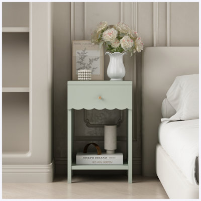 Table de chevet moderne avec tiroir et tablette ouverte, table de chevet festonnée, jolie table d'appoint minimaliste pour chambre d'enfant, sauge