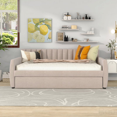 Full Size Upholstered Daybed With Trundle And Wood Slat Support