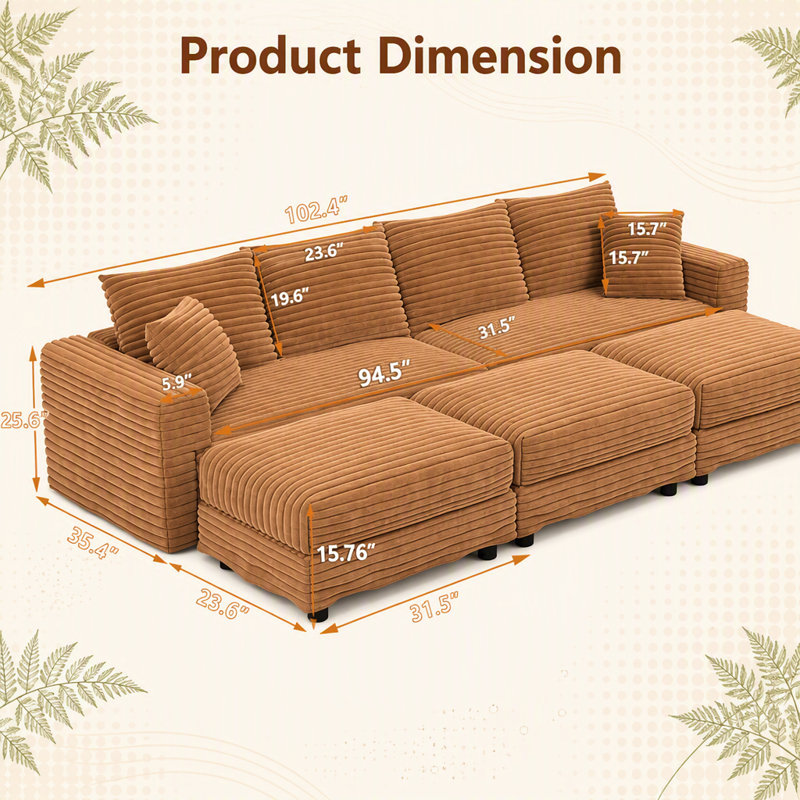 Canapé en velours côtelé 4 places avec repose-pieds convertible Plush, Camel Corduroy
