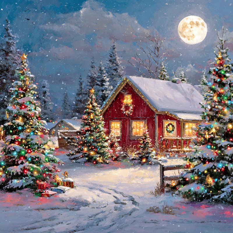 Art mural sur toile Moonlit Farmhouse avec arbres scintillants, H 30 po x l 30 po