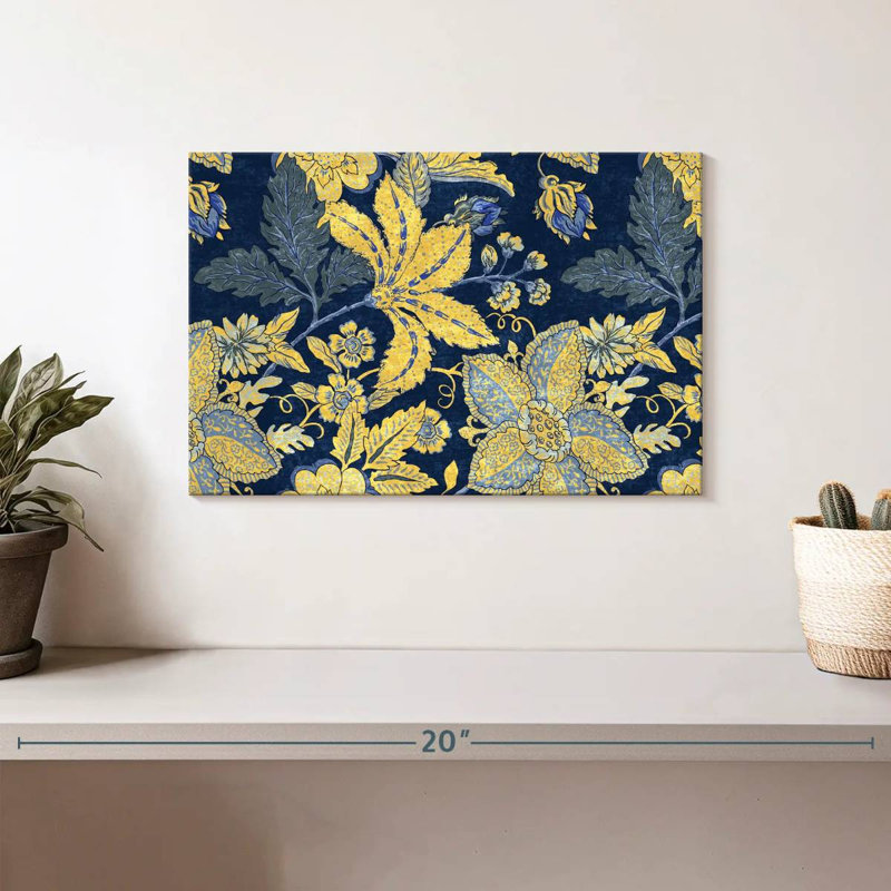 Motif floral bleu et jaune sur toile, H 8 po x l 12 po x P 1 po