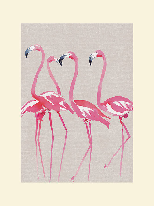 Elegant Flamingos by Summer Thornton - Painting, 40cm H x 30cm W, Yellow