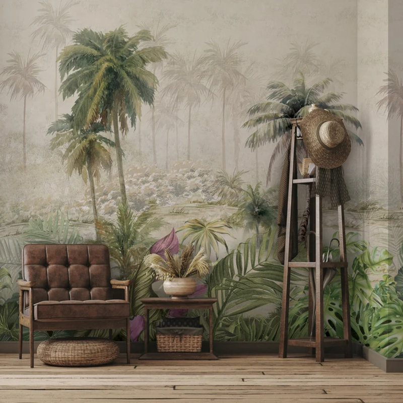 Murale rétro dans la jungle botanique et la forêt de palmiers, L 96 po x l 108 po