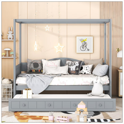 Twin Size Canopy Day Bed with Trundle, Perfect for Guest Rooms and Space-Saving Solutions, Combining Style and Functionality.