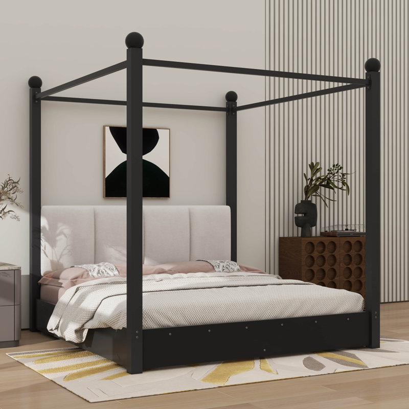 Lit plateforme avec auvent, tête de lit rembourrée et fabrication en métal, Queen, Black