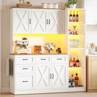 71" Kitchen Pantry Cabinet With LED Lights, Charging Station, Wine Glass Storage & 5 Drawers, Multi-Functional Kitchen Hutch Storage Cabinet With Adjustable Shelves & Glass Door