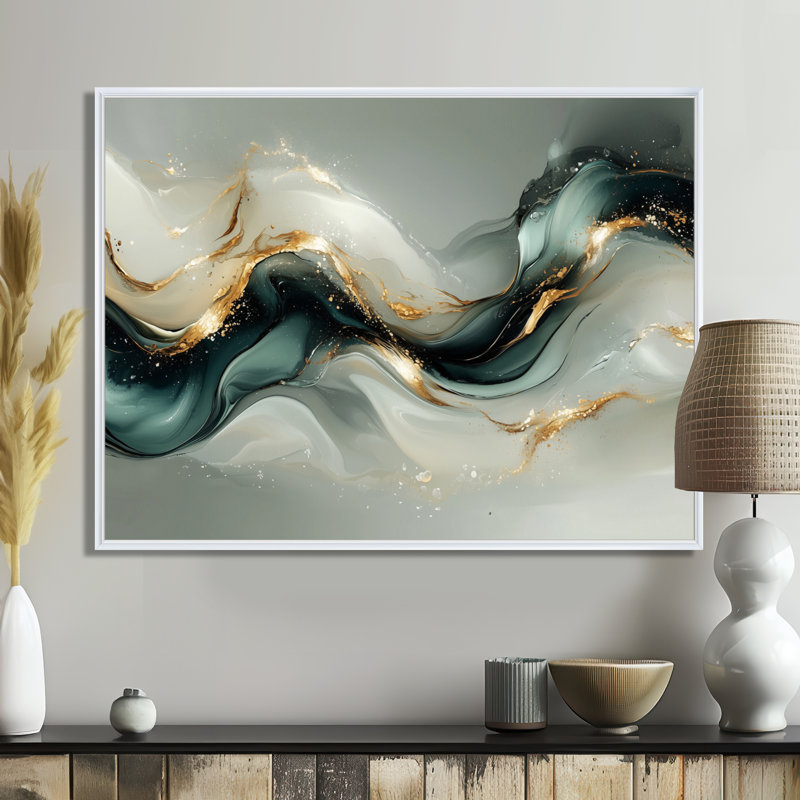 Marbre émeraude fractal, vagues océaniques III - marbre abstrait, art mural, H 16 po x l 32 po, Cadre flottant, Blanc