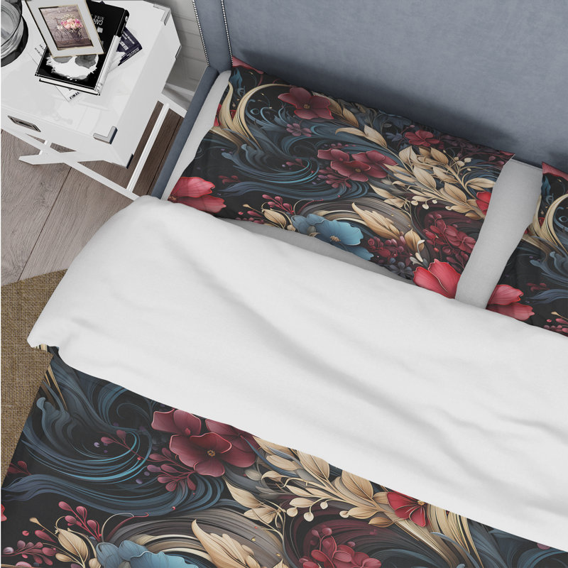 Ensemble de housse de couette à motif floral foncé Melody Moody II, Housse de couette pour grand lit et 2 taies décor