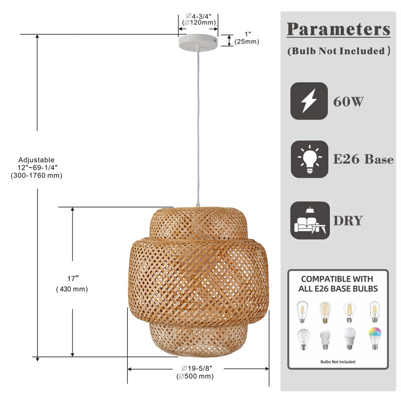 Large 19.7" White Bamboo Pendant Light