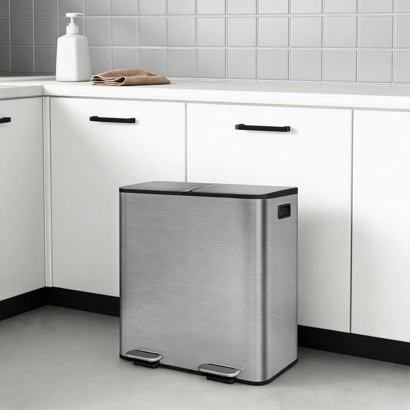 2 poubelles de cuisine en acier inoxydable à deux compartiments avec bac à recyclage, 21, Grey