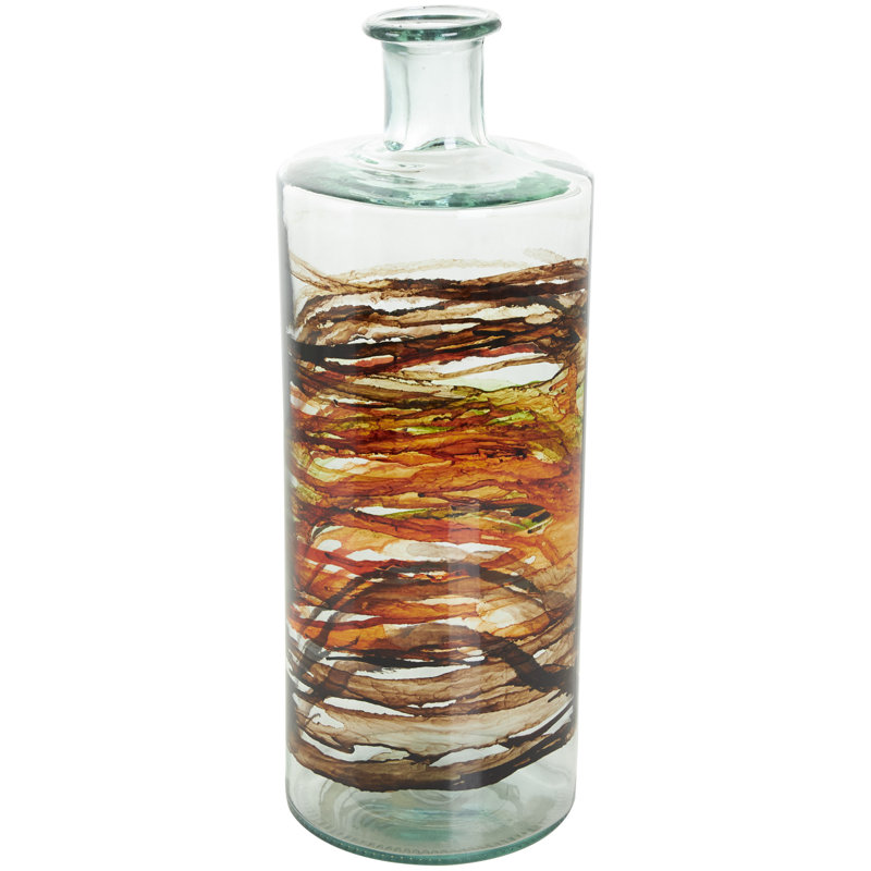 Donsha Recycled Glass Abstract Decorative Clear Vase with Swirled Colored Glass Bands, 15.95" H x 5.85" W x 5.9" D, Clear