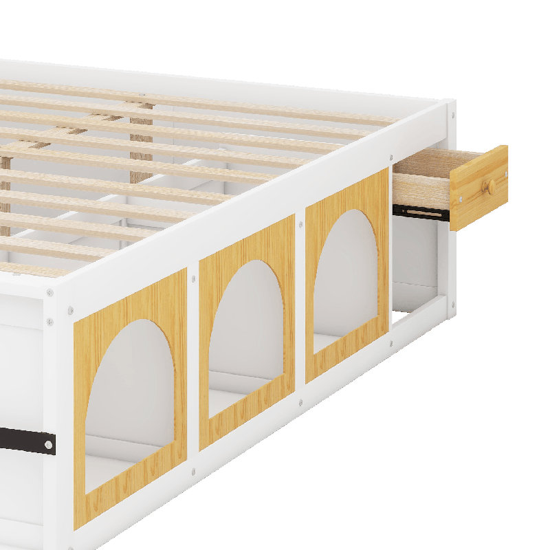 Lit plateforme avec lumière DEL et tiroir, lit en bois avec bibliothèque et vitrine, cadre de lit sans tête de lit, Grand lit