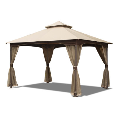 Pavillon de jardin d'extérieur 10 pi x 13 pi avec structure en métal, filet, kaki pour toit double, protégé, imperméable, tente de filet kaki