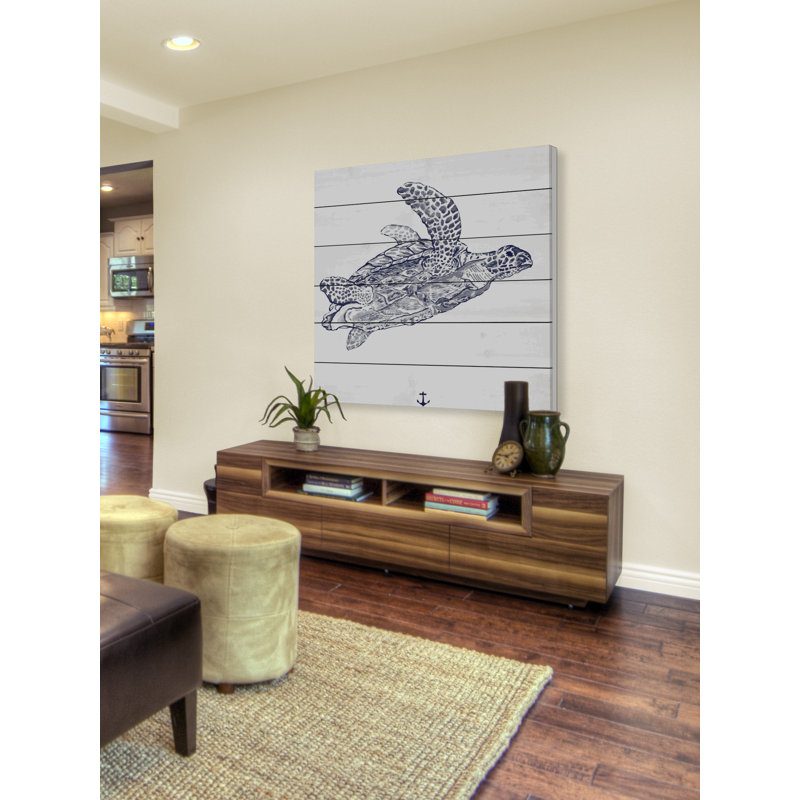 « blue turtle », reproduction d’art sur bois blanc, H 40 po x l 40 po x P 1,5 po