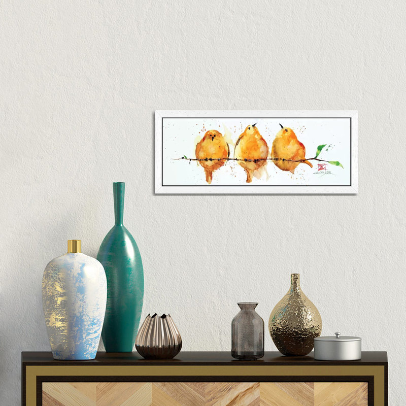 Orange Birds - Panoramic Painting on Canvas, 30.48 cm H x 91.44 cm W, White Framed