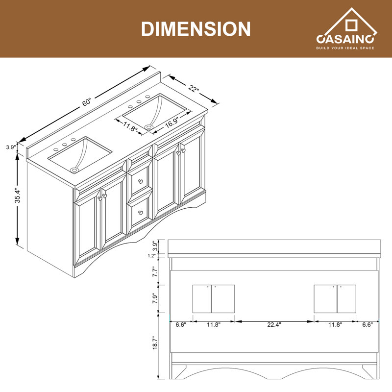 Chamiya 60'' Double Bathroom Vanity with Carrara Marble Top, Gray