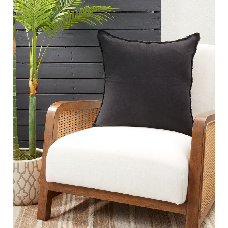 Black Linen Fringed Design Down-Filled Throw Pillow, 20"x20"