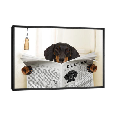 Dog On Toilet Seat Reading Newspaper III - Print on Canvas