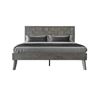 Queen Size Platform Bed Frame with Headboard & Footboard, Central Metal Legs, 12 Solid Wood Strong Slatted Base, Noise-Free & Anti-Slip, No Box Spring Needed, Weathered Gray Oak Finish