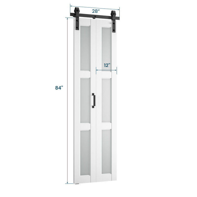 Porte de grange pliante 3 panneaux en bois manufacturé et verre 84 po avec quincaillerie d'installation 3-Lite, 24 po x 84 po