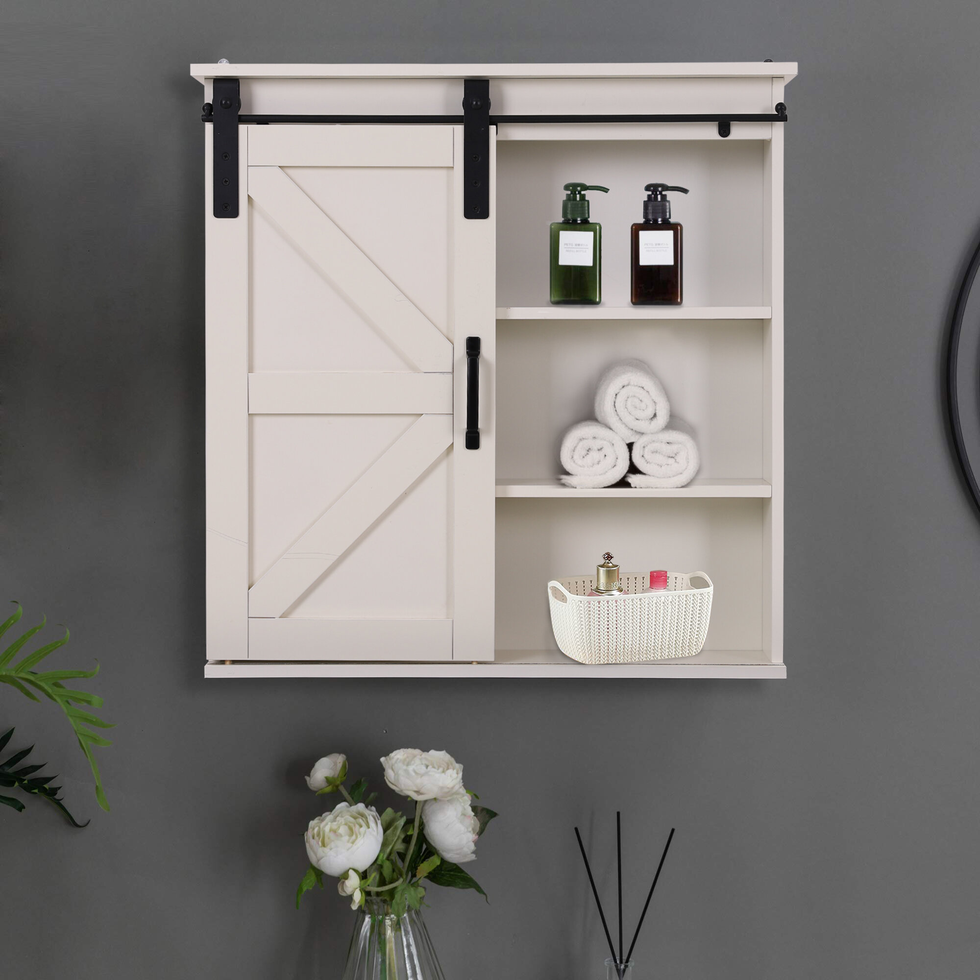 Gracie Oaks Wall-Mounted Bathroom Wall Cabinet With Sliding Barn Door ...