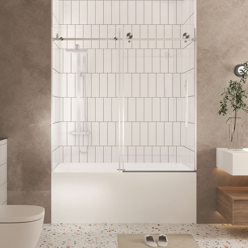 Frameless Shower Door 56-60 "W X 60" H, 1/4 "(6 Mm) Clear Tempered Glass, Explosion Proof Film, Stainless Steel Handle