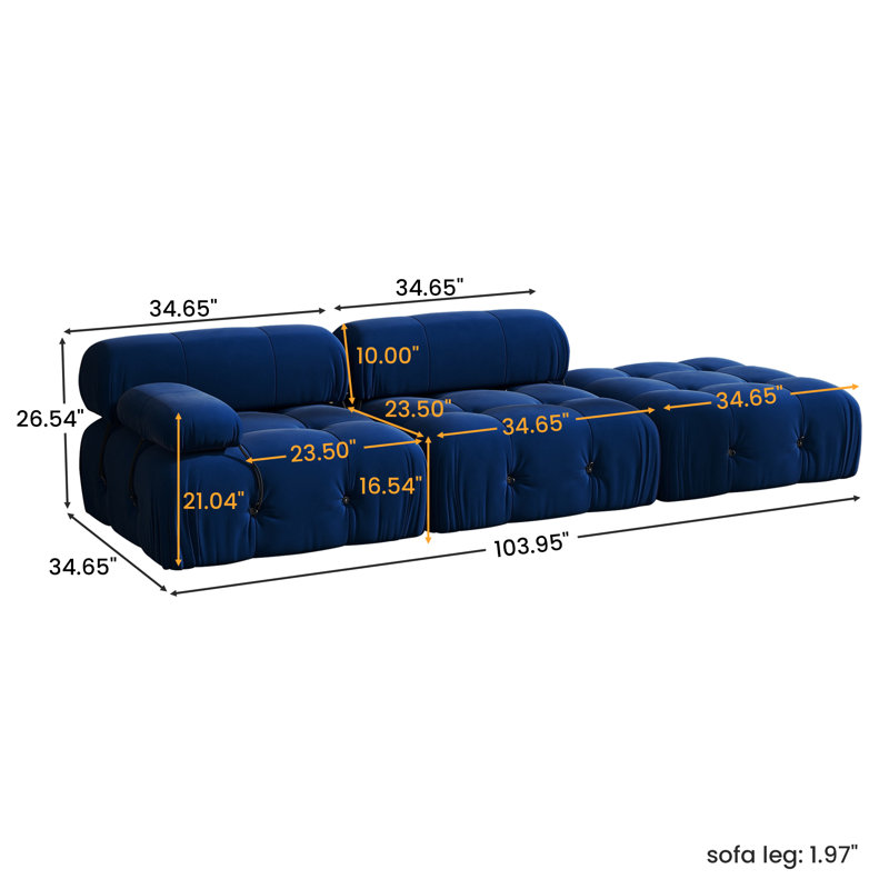 Cylar 3-Piece Upholstered Modern Velvet Modular Sofa With Ottoman, Blue