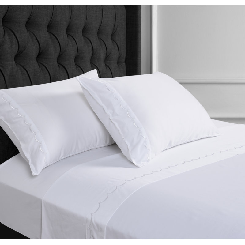 Ensemble de draps 100% coton 600 fils Camillo Scallop, Blanc, Ensemble de draps pour lit double + un drap-housse