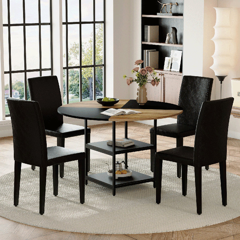 Table de salle à manger circulaire de 47,3 pouces de diamètre avec épissures de couleur modernes - rangement double couche, jumelée à des chaises de salle à manger en polyuréthane noir, simple et polyvalente pour divers espaces de salle à manger