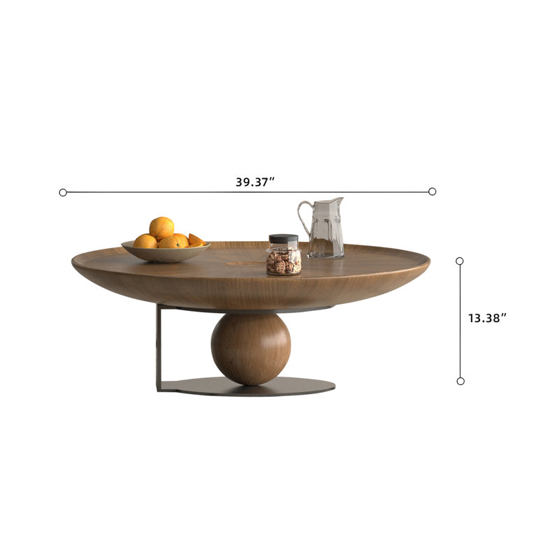 Kemare Carbin No-Assembly Requied 39.37'' Handmade Walnut Round Solid Wood Coffee Table With Spherical Base, Carbon Steel Frame