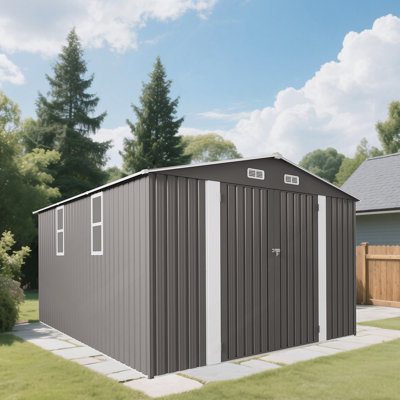 Remise de rangement extérieure, remise de jardin en métal avec double porte et deux fenêtres translucides pour la cour et le patio