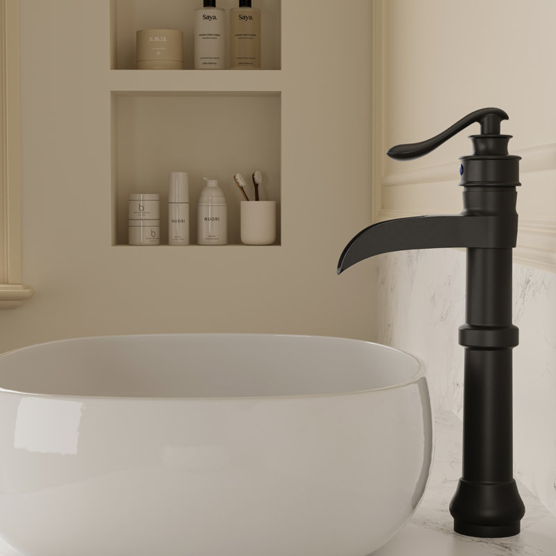 Deluge Waterfall Vessel Matte Black Single Hole, Single Handle With Drain Assembly, Matte Black