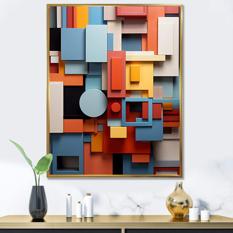 Formes géométriques multicolores essentielles, H 32 po x l 24 po x P 1 po, Cadre flottant doré
