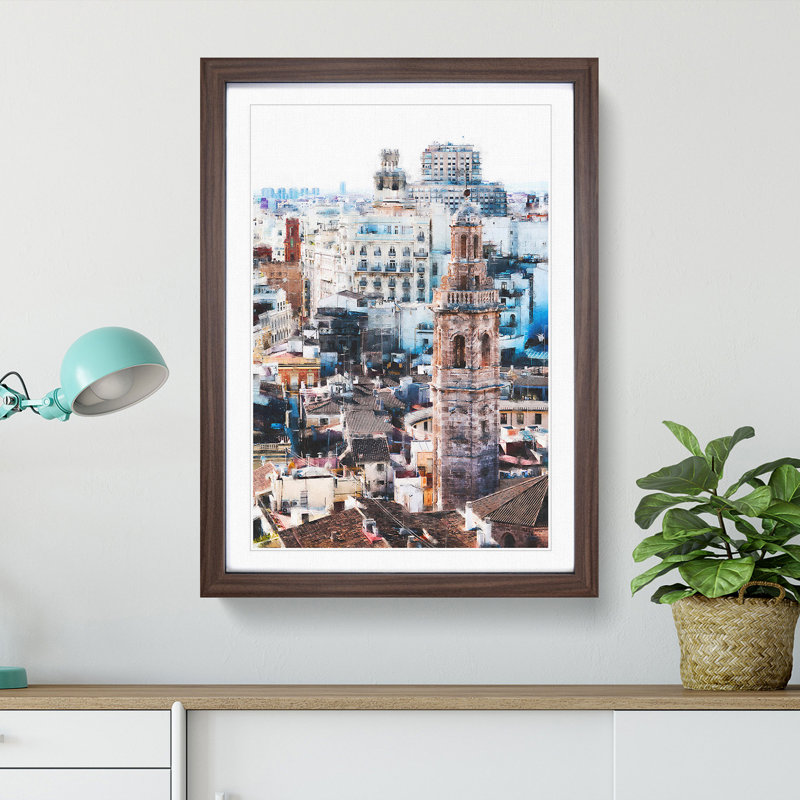 Valencia Skyline in Spain - Framed Print, 63cm H x 45cm W x 2cm D, Walnut Framed