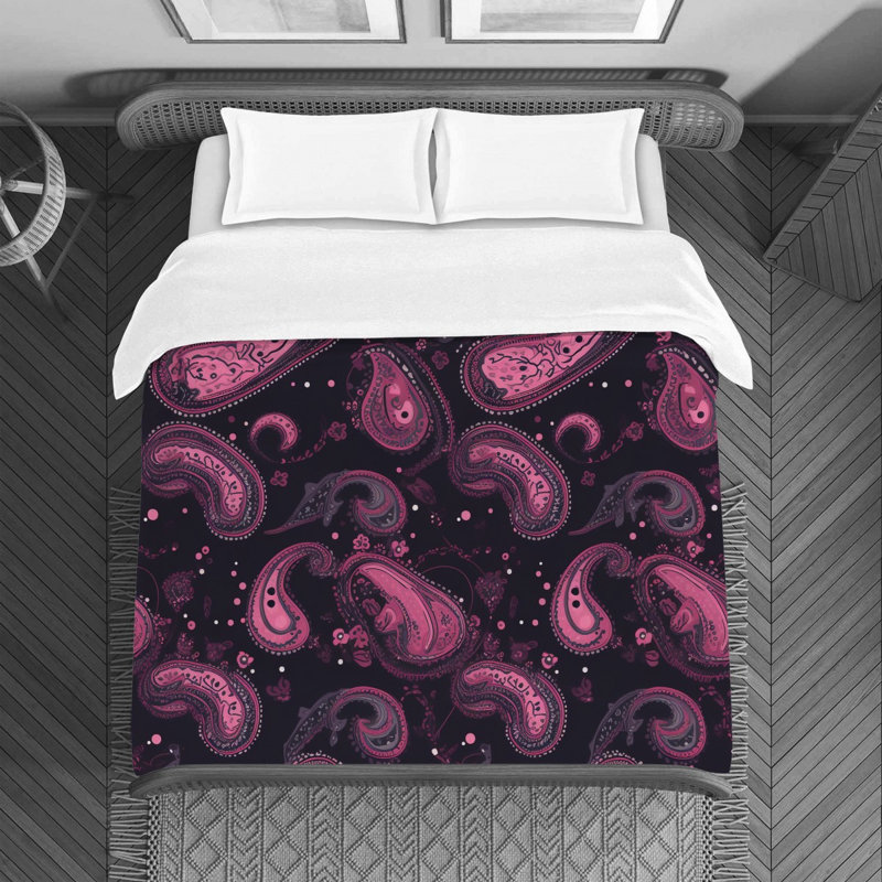 Machine Printed Duvet Cover, Twin Duvet Cover, Black/Pink Paisley