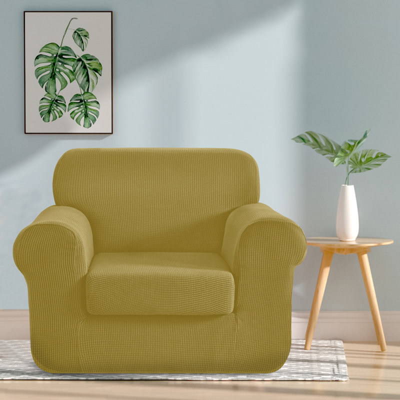 Textured Grid Stretch Soft Box Cushion Armchair Slipcover, Beige