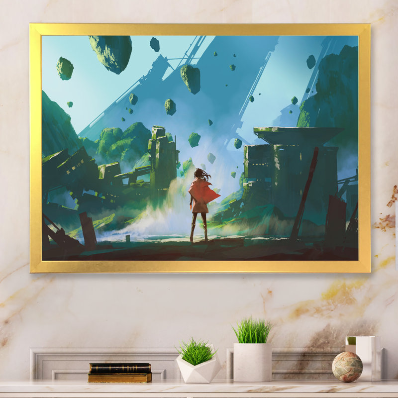 «Video Game Man Red Robe Look Ruins», peinture sur toile, H 16 po x l 32 po x P 1 po, Cadre doré à coins fermés