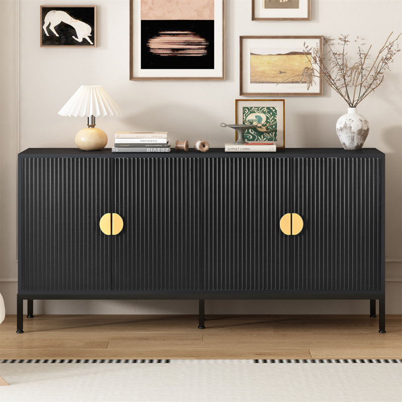 Exquisite Four-Door Sideboard With Stylish Metal Legs And Patterned Doors For Versatile Use, Black