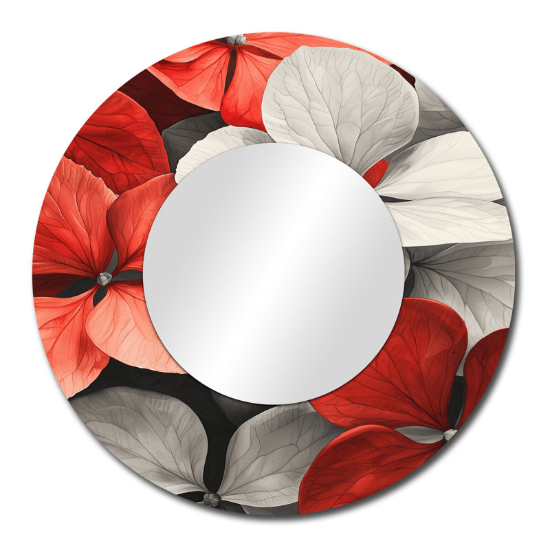 Monochrome Red Hydrangea Petal Accent I - Traditional Decorative Mirror Wall Art - Printed On Metal, 29" x 29"