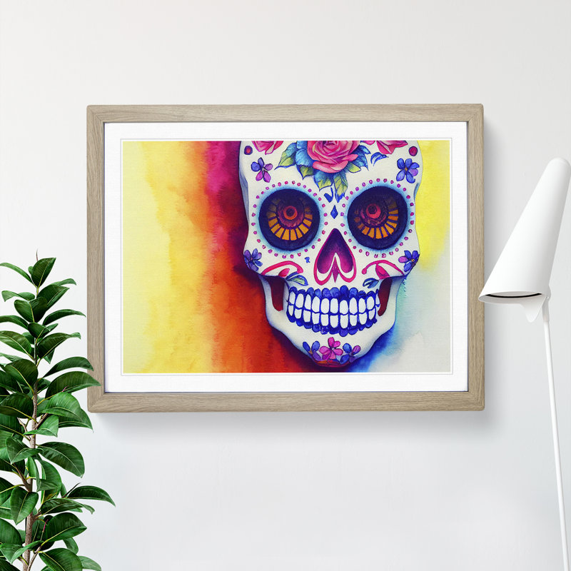 XH1022-9388X Unbelievable Floral Sugar Skull - Single Picture Frame Print, 34cm H x 46cm W x 2cm D, Oak